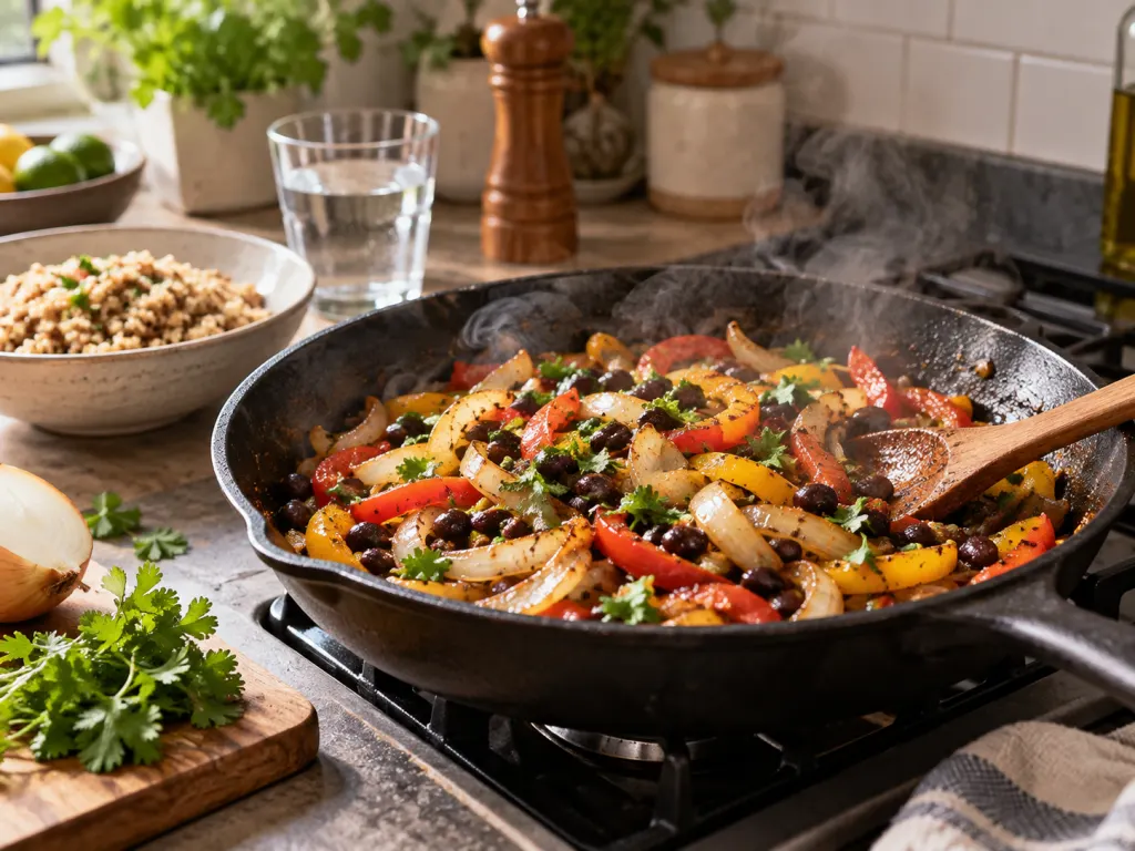 Onions cooking with peppers, beans, and herbs for a balanced meal.