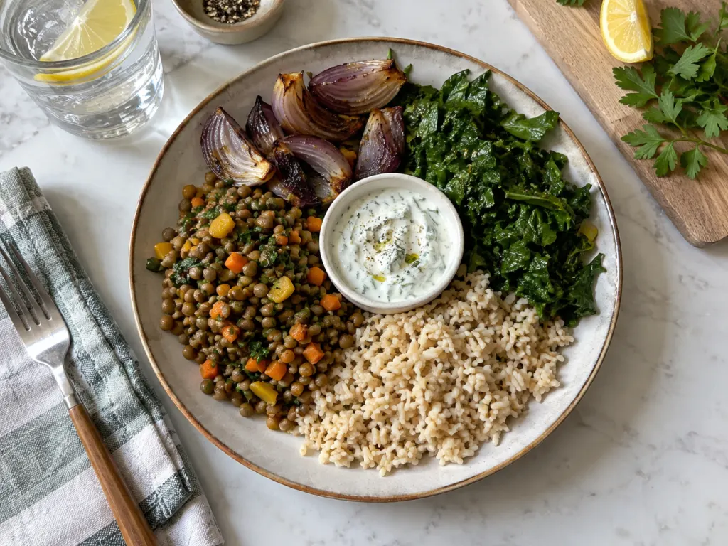 A balanced plate with roasted onions, lentils, greens, brown rice, and water.