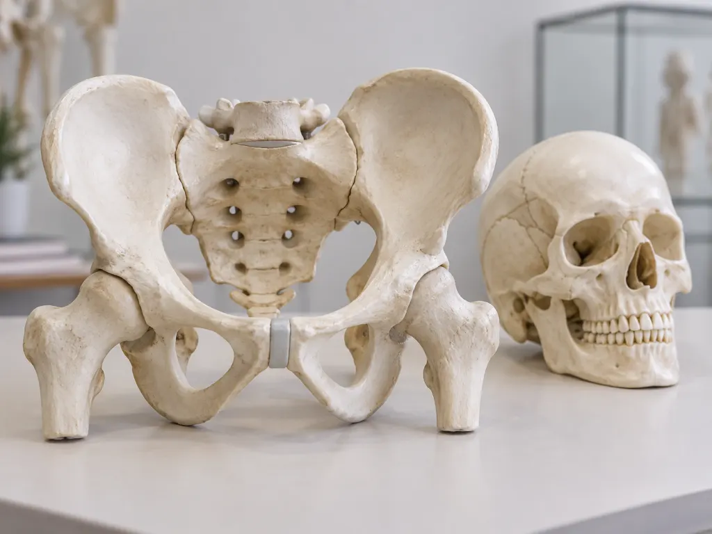 An adult pelvis model beside a skull model on a museum education table.