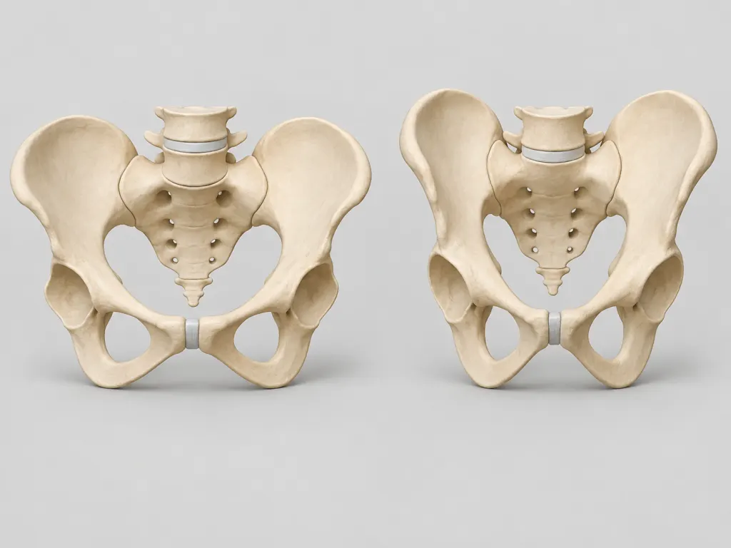 A calm illustration comparing two simplified pelvis models with subtle shape differences.