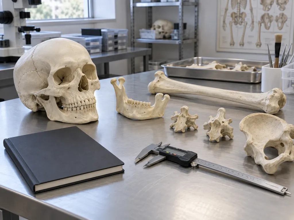 A forensic anthropology workspace with calipers and neutral bone replicas arranged for measurement.
