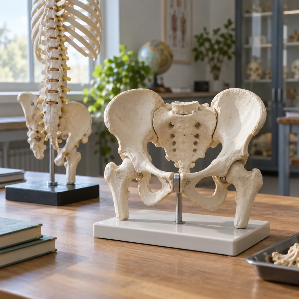 Two anatomical skeleton models on a clean table with one pelvis model subtly highlighted.