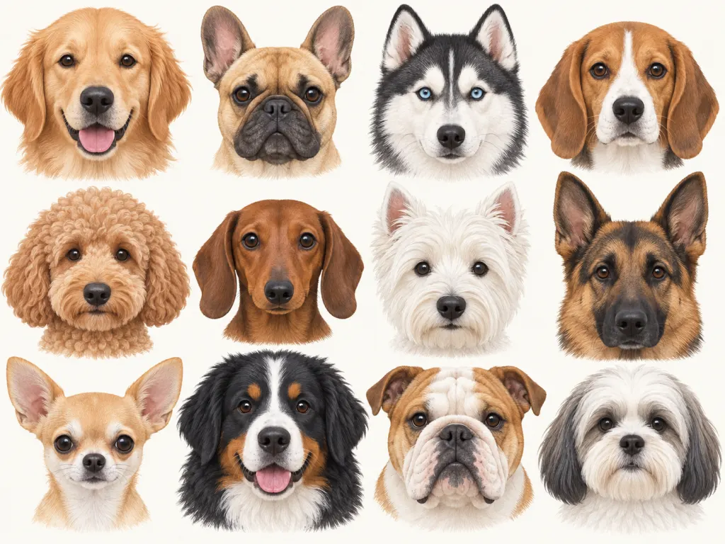 Rows of simple dog faces arranged for comparing ears, eyes, noses, and outlines.