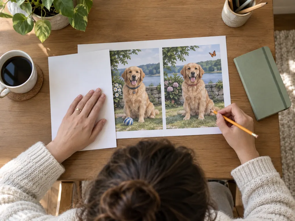 A person uses a calm feature-by-feature method to inspect a printed dog puzzle.