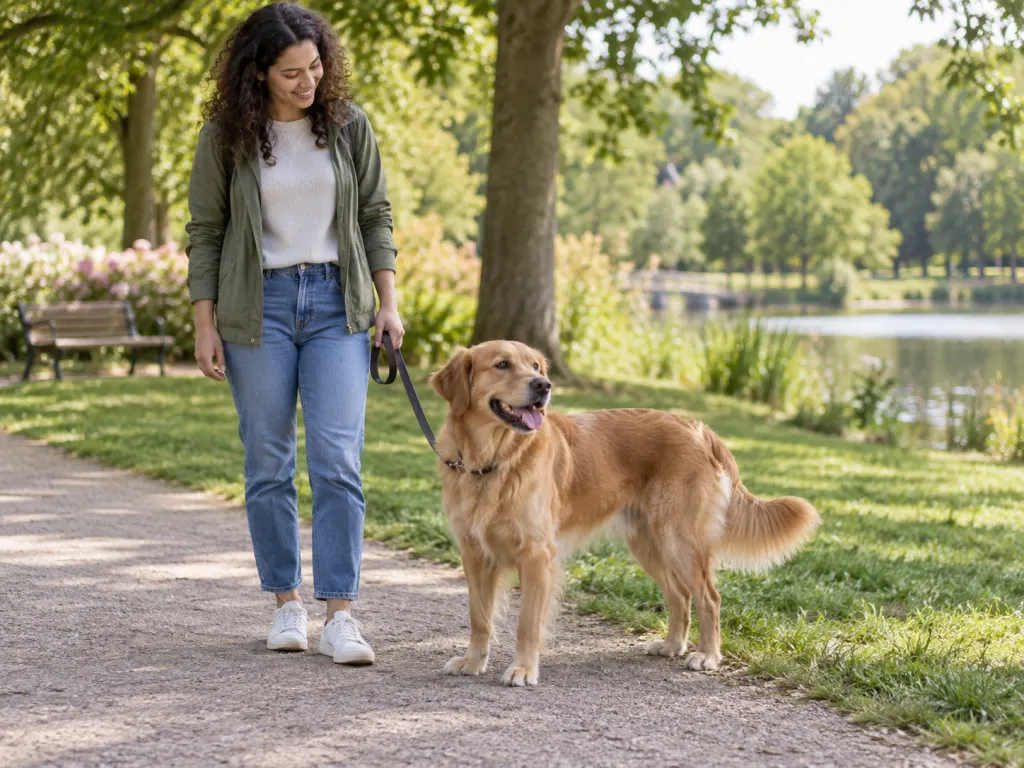 A relaxed dog in a park showing visible posture, ears, tail, and soft expression.
