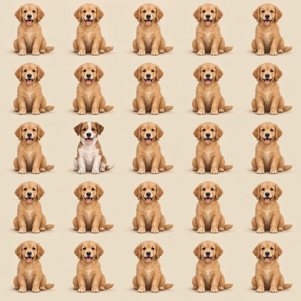 A grid of similar illustrated dogs with one subtle visual difference to find.