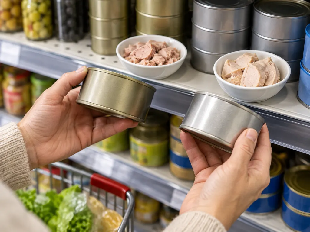 Hands comparing different cans of tuna on a grocery shelf without readable labels.