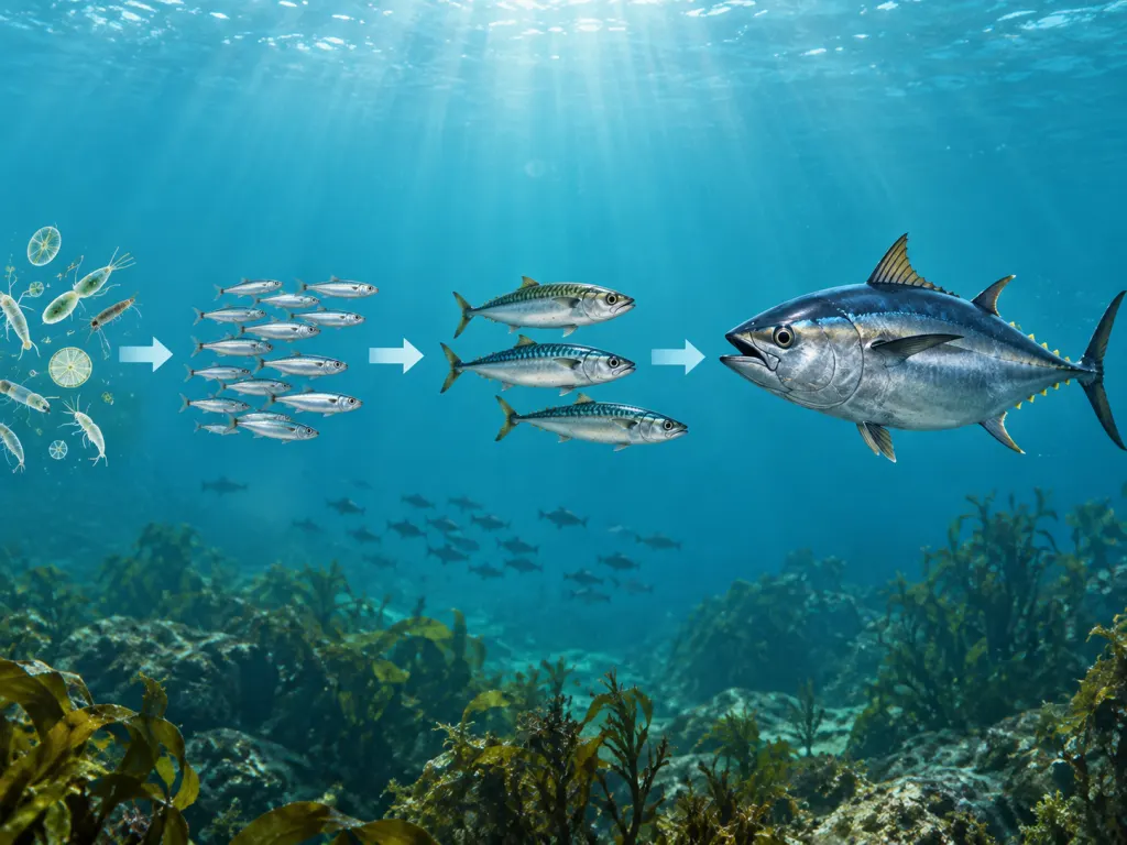 Illustration of small fish, medium fish, and a larger tuna in an ocean food chain.
