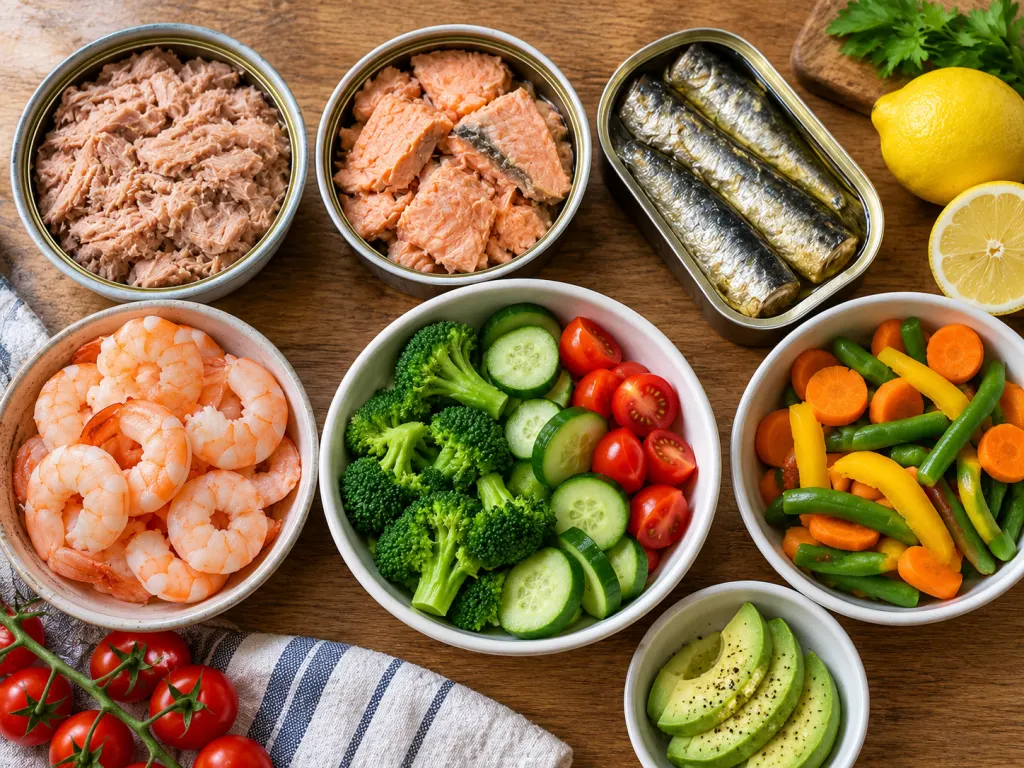 A variety of seafood options arranged for practical home meal planning.