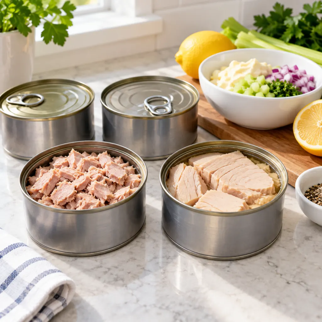 Cans of tuna and simple salad ingredients arranged on a clean kitchen counter.