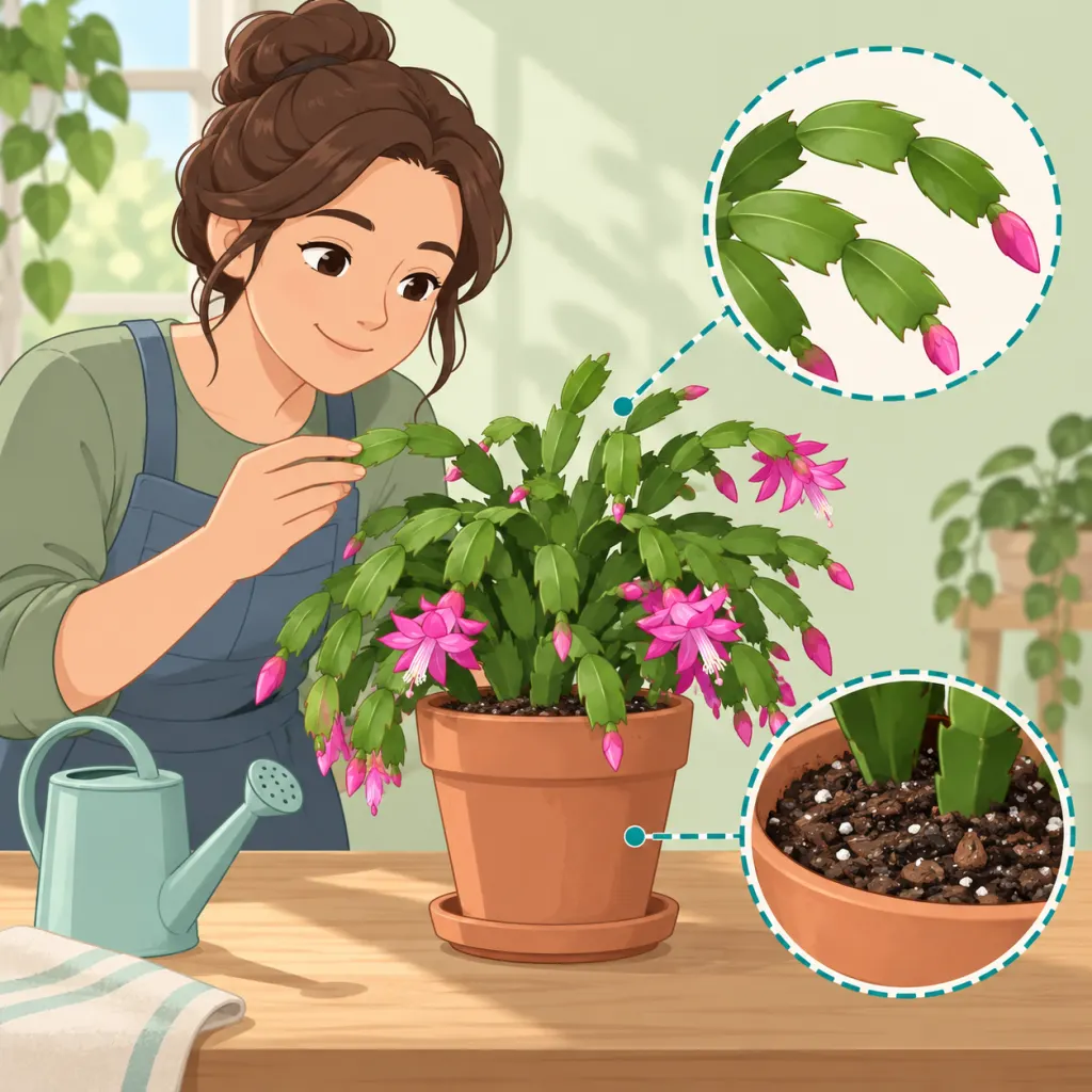 A gardener checking a potted Christmas cactus for August care.