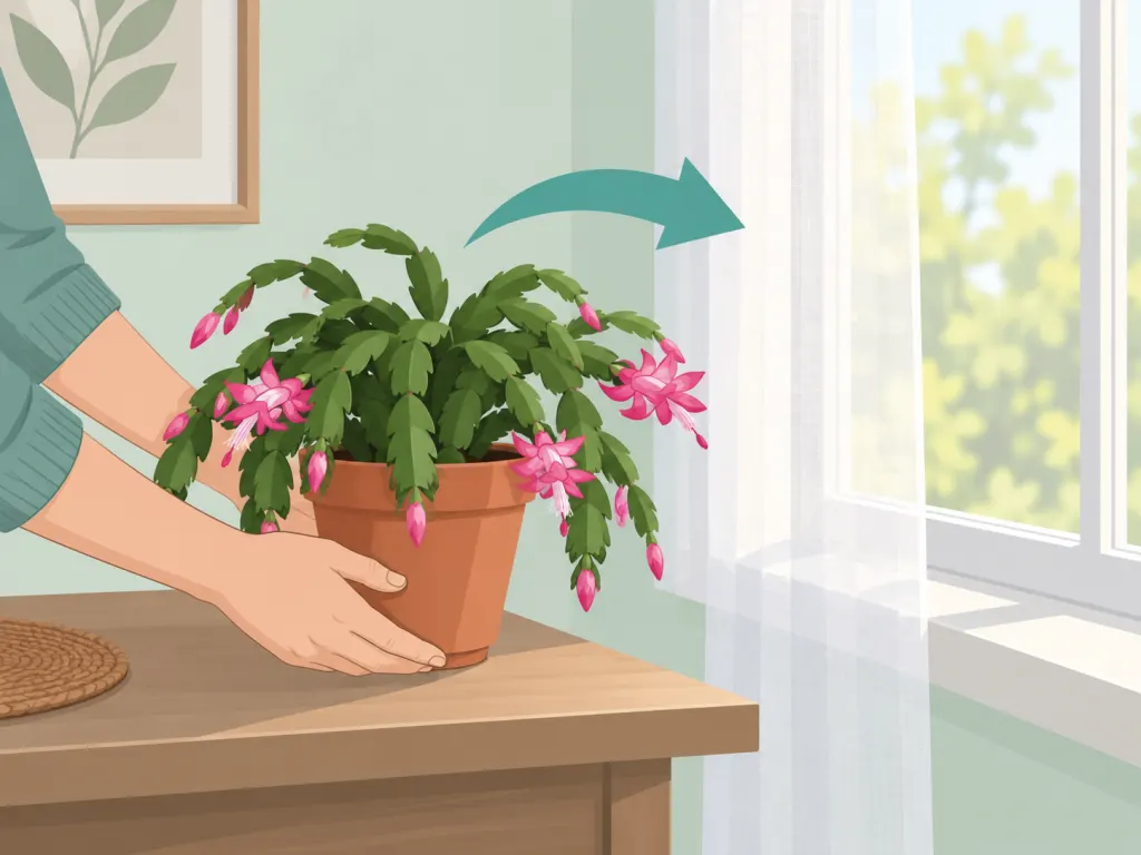A Christmas cactus placed in bright filtered light.