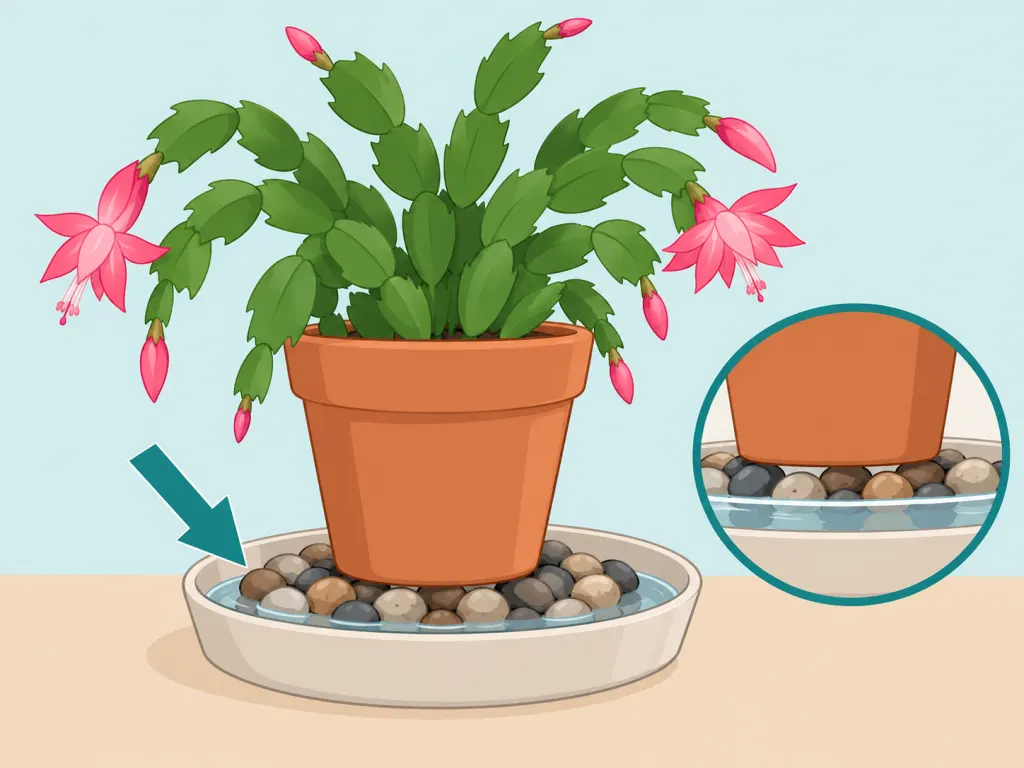 A Christmas cactus on a damp pebble tray for humidity.