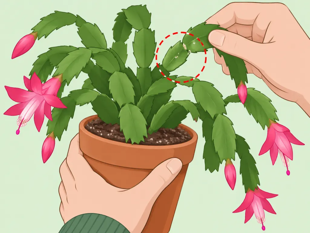 Hands inspecting a Christmas cactus for pests.