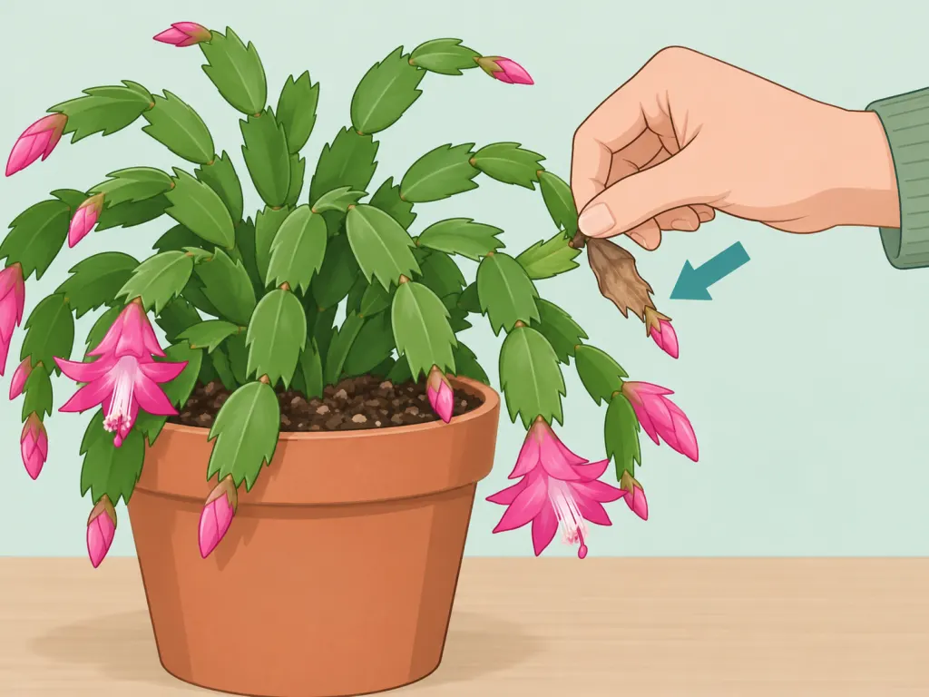 A gardener removing a damaged Christmas cactus segment without heavy pruning.