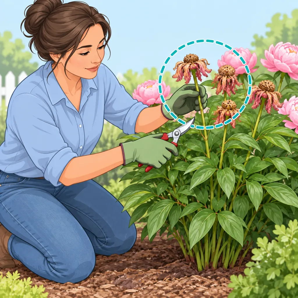Gardener caring for peonies after the flowers have faded.