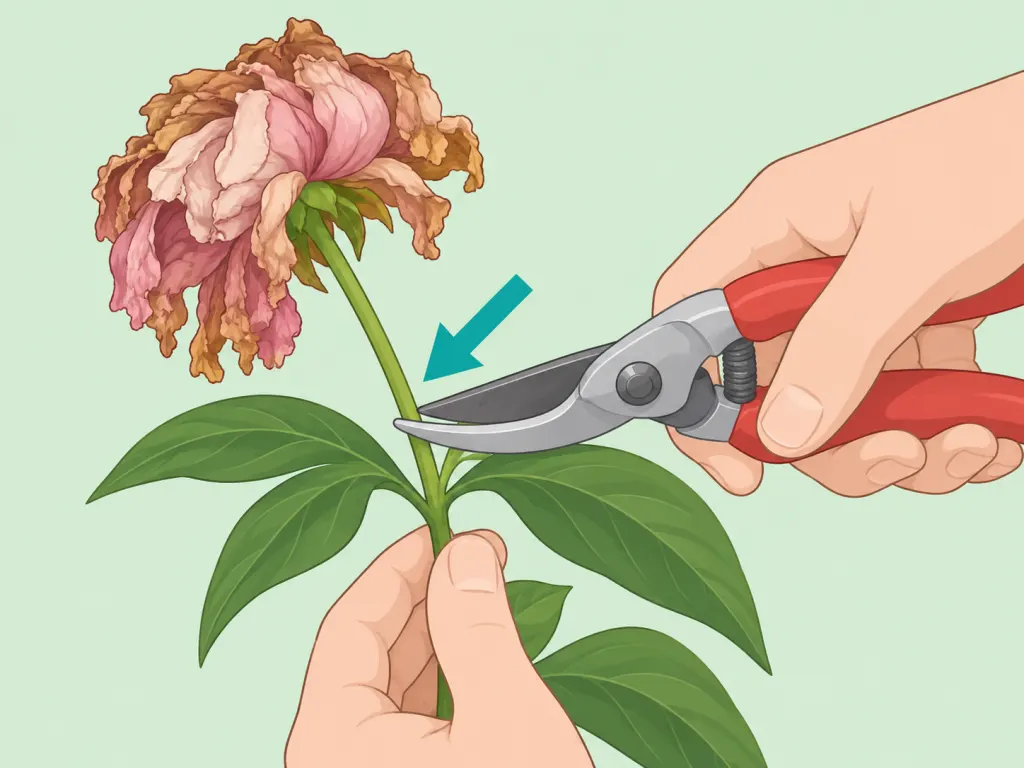 Hands deadheading a faded peony flower above a set of leaves.