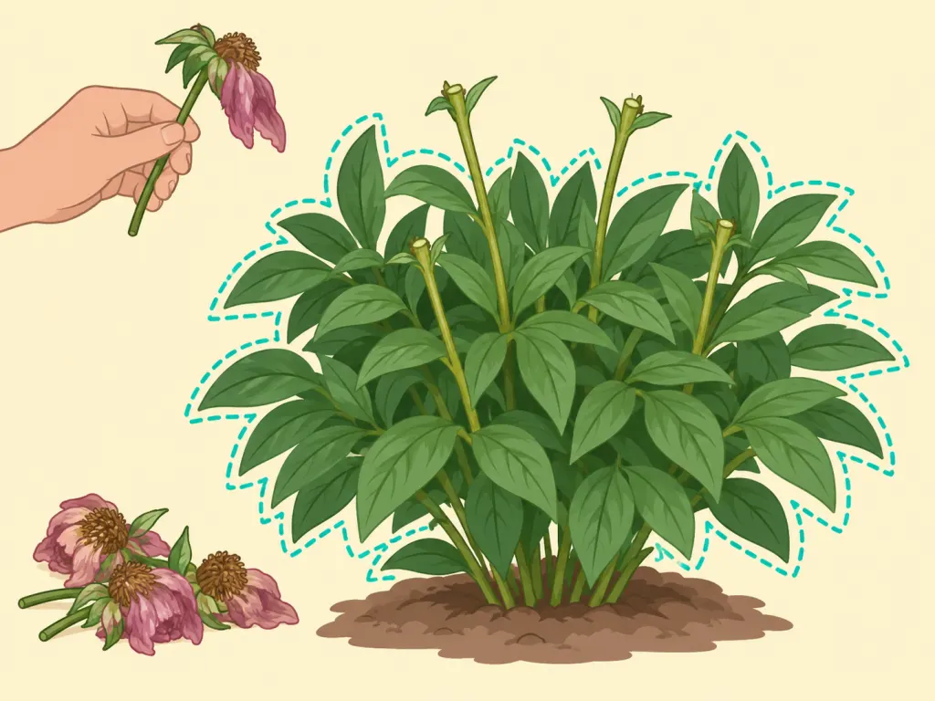 Green peony foliage left in place after flowering.