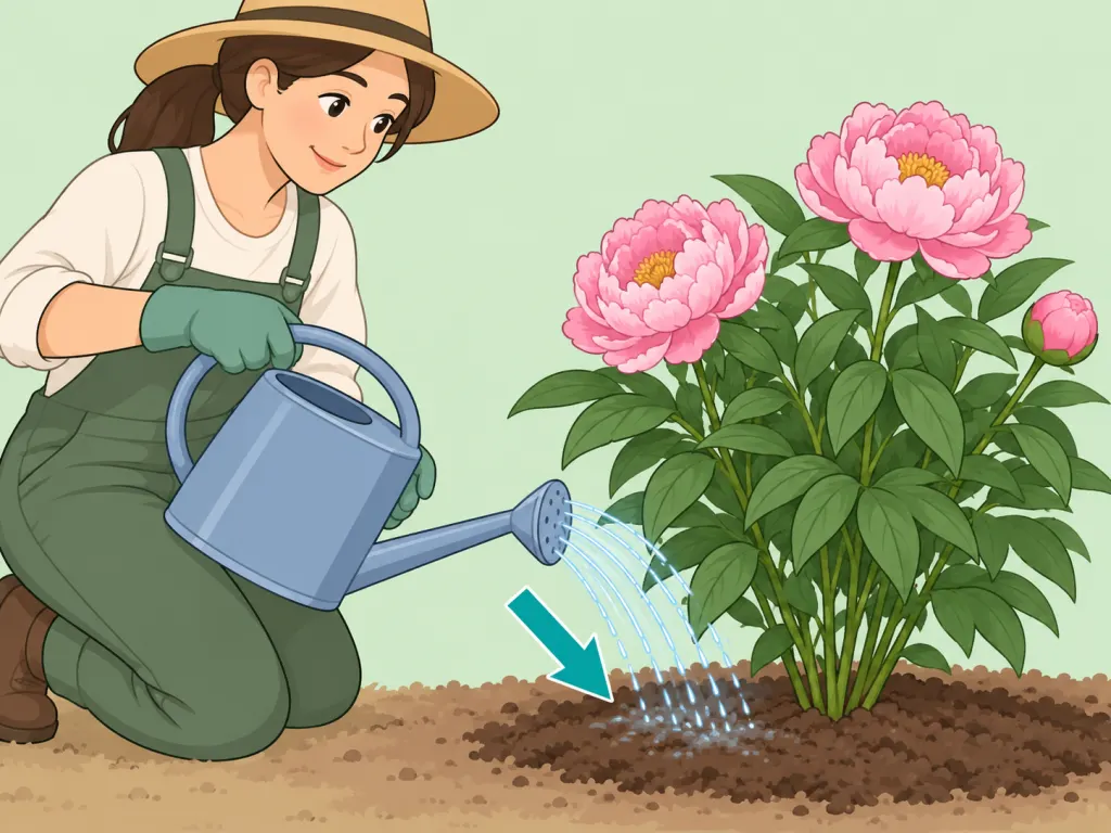 Gardener watering the soil around a peony during dry weather.