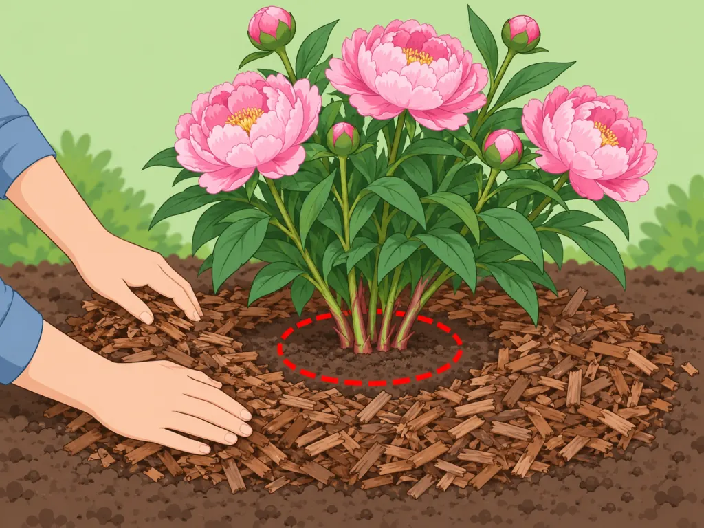 Mulch placed around a peony with the crown kept uncovered.