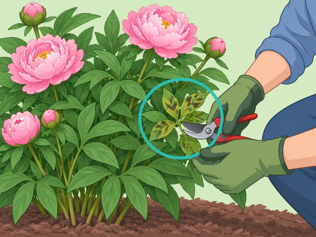 Gardener removing a few problem leaves from a peony plant.