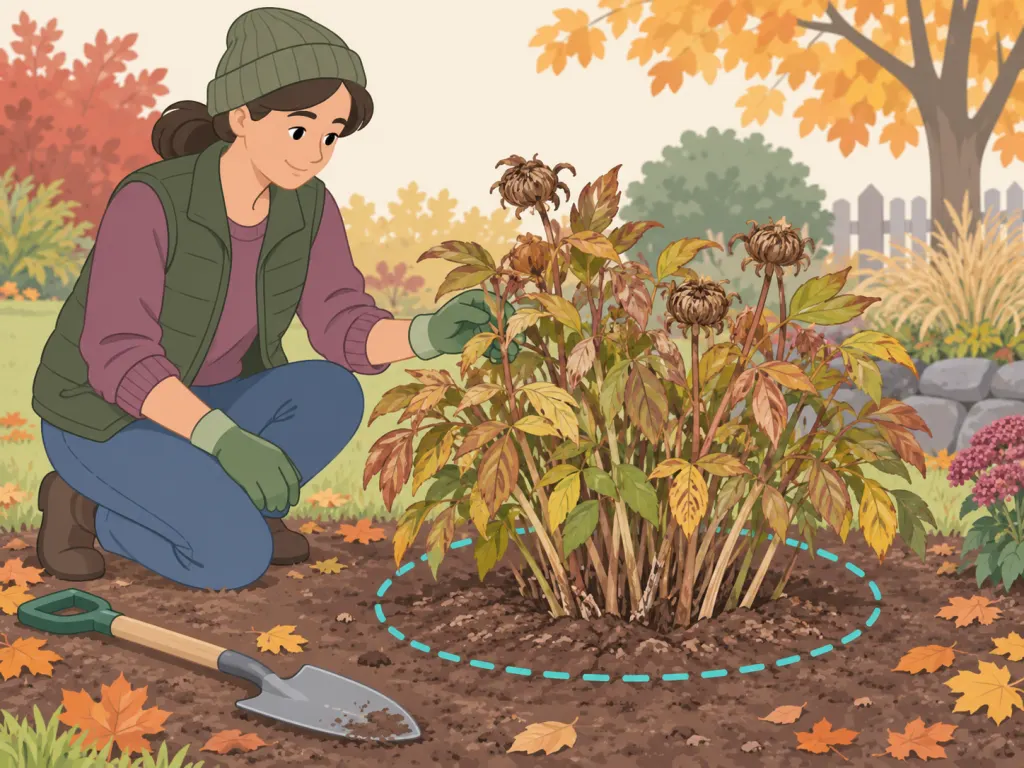 Gardener planning to divide an older peony clump in fall.
