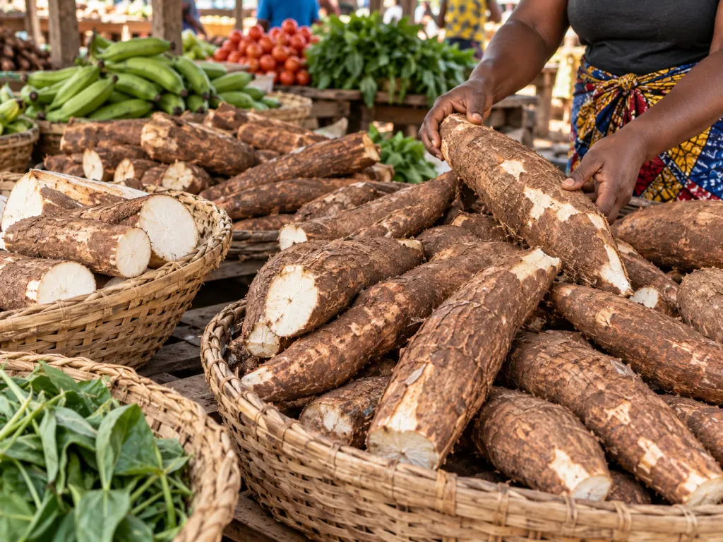 Cassava roots displayed in baskets at a market stall.