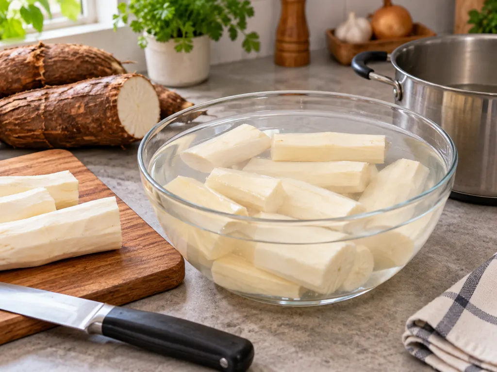 Peeled cassava pieces soaking in water beside cooking tools.