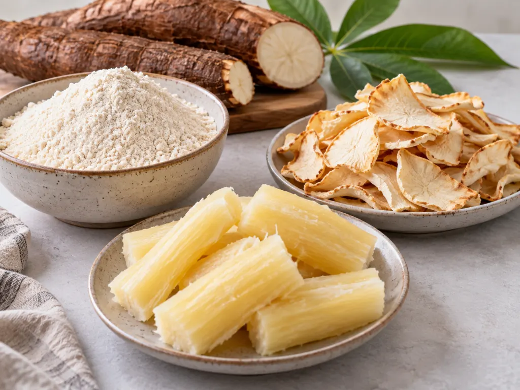 Different processed cassava forms arranged on plates.