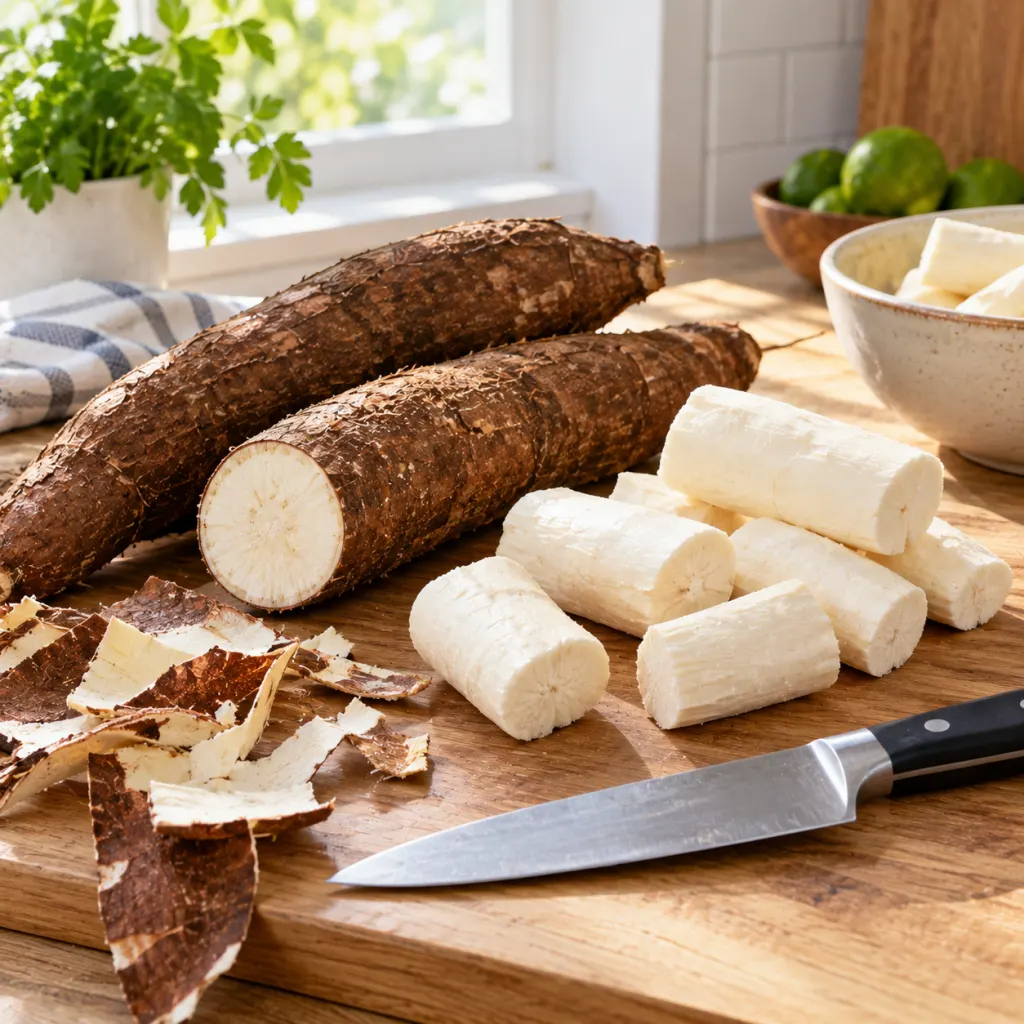 Fresh cassava roots with peeled pieces arranged on a clean kitchen surface.