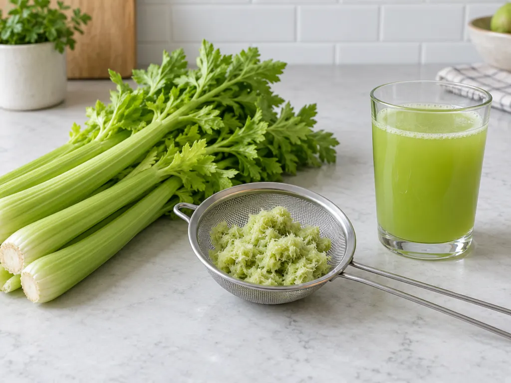 Whole celery, strained juice, and celery pulp in a sieve illustrating juicing.