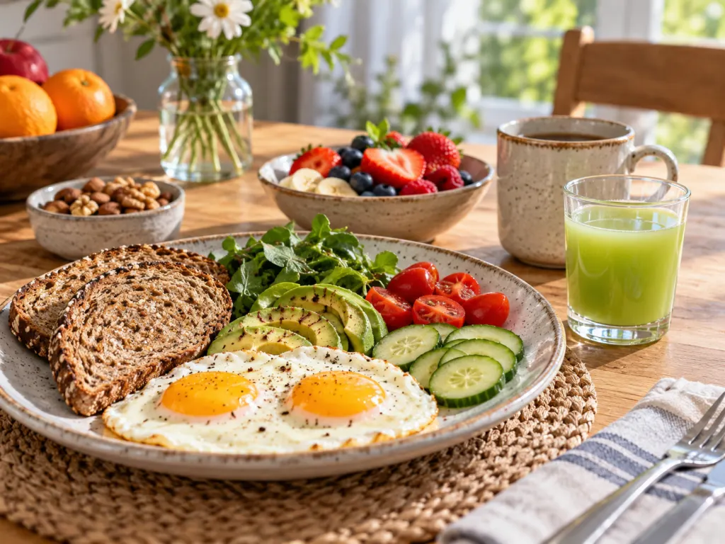 A small glass of celery juice served with a varied breakfast plate.