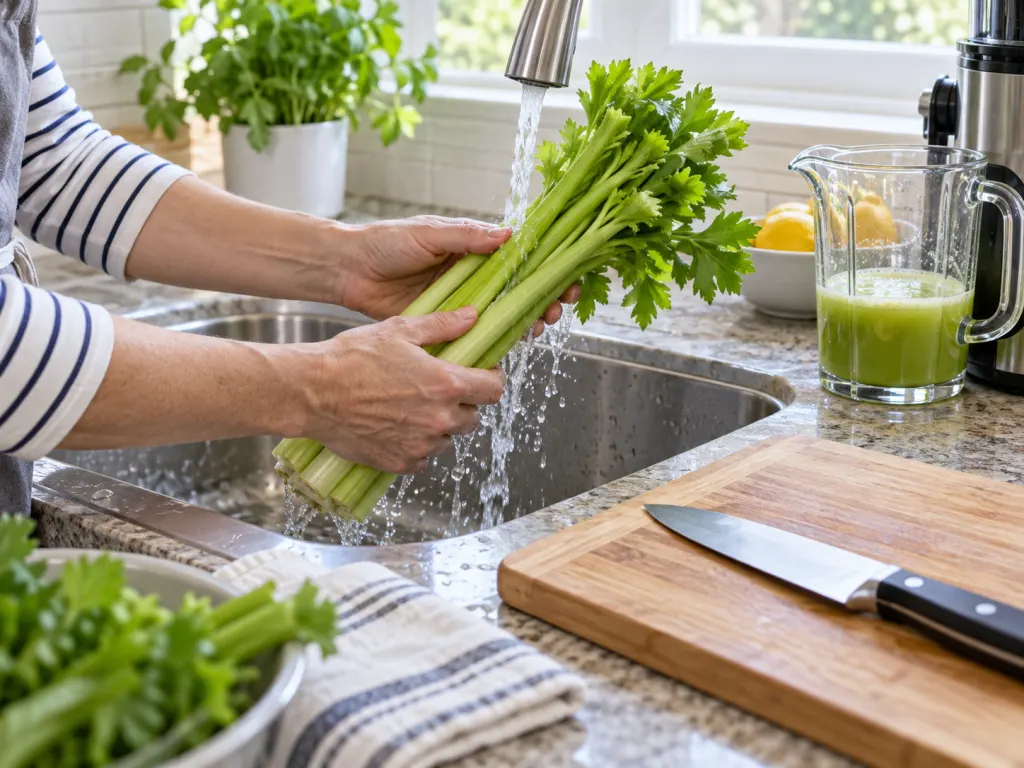 Celery stalks being rinsed under running water before preparation.