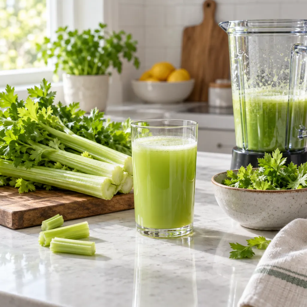 Fresh celery, a glass of celery juice, and kitchen tools on a clean counter.