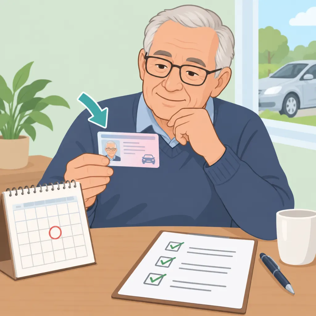 Older driver checking a driving licence and safety checklist.