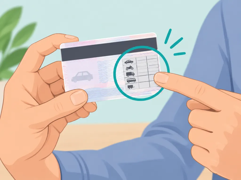 Hands checking restriction codes on the back of a driving licence.