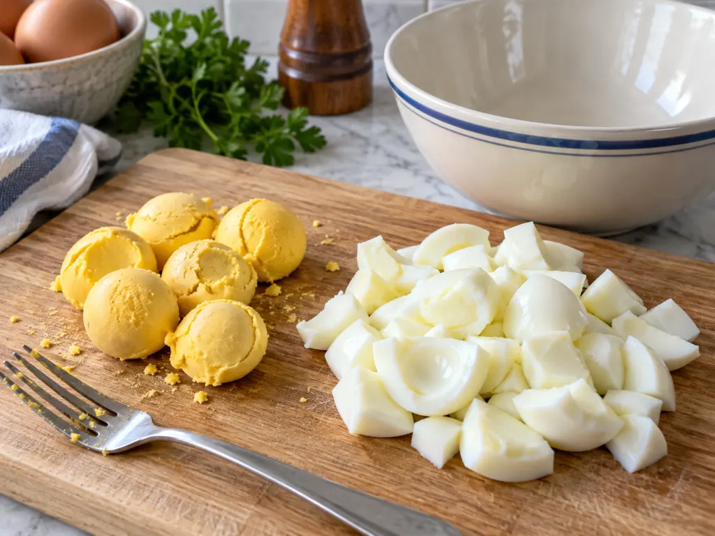 Cooked egg yolks and whites separated on a cutting board beside a mixing bowl.