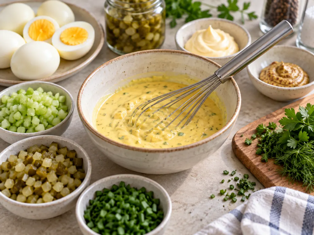 Egg salad dressing ingredients with herbs, celery, mustard, and chopped pickles arranged beside a bowl.