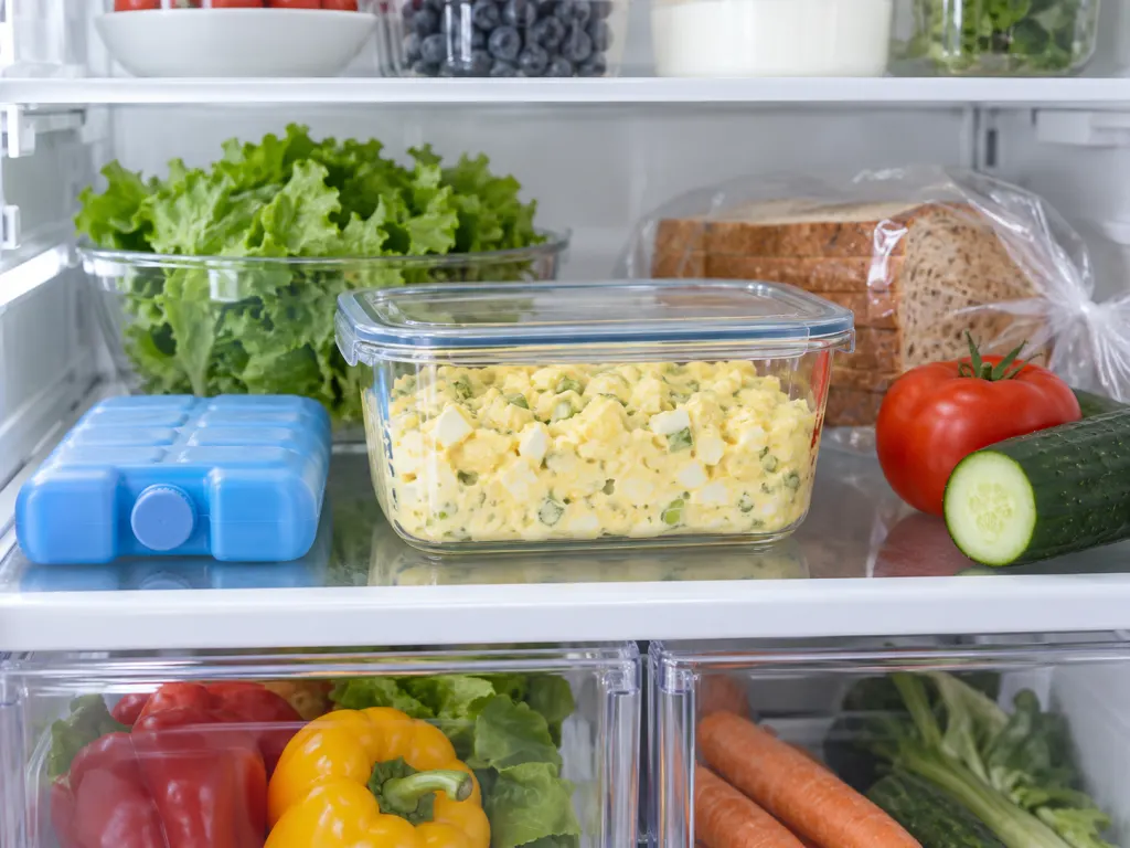 Finished egg salad stored in a covered glass container in the refrigerator.