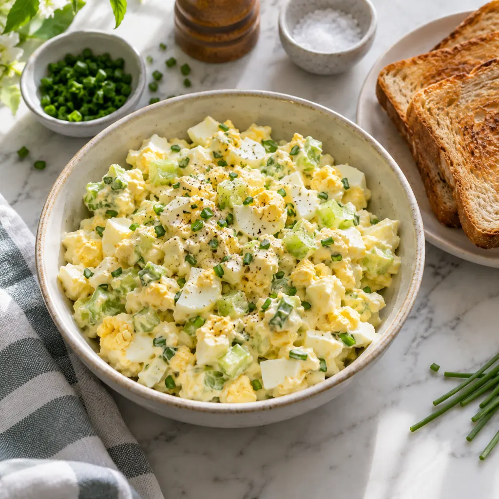 A bowl of creamy egg salad with chives, celery, and toast on a clean kitchen counter.