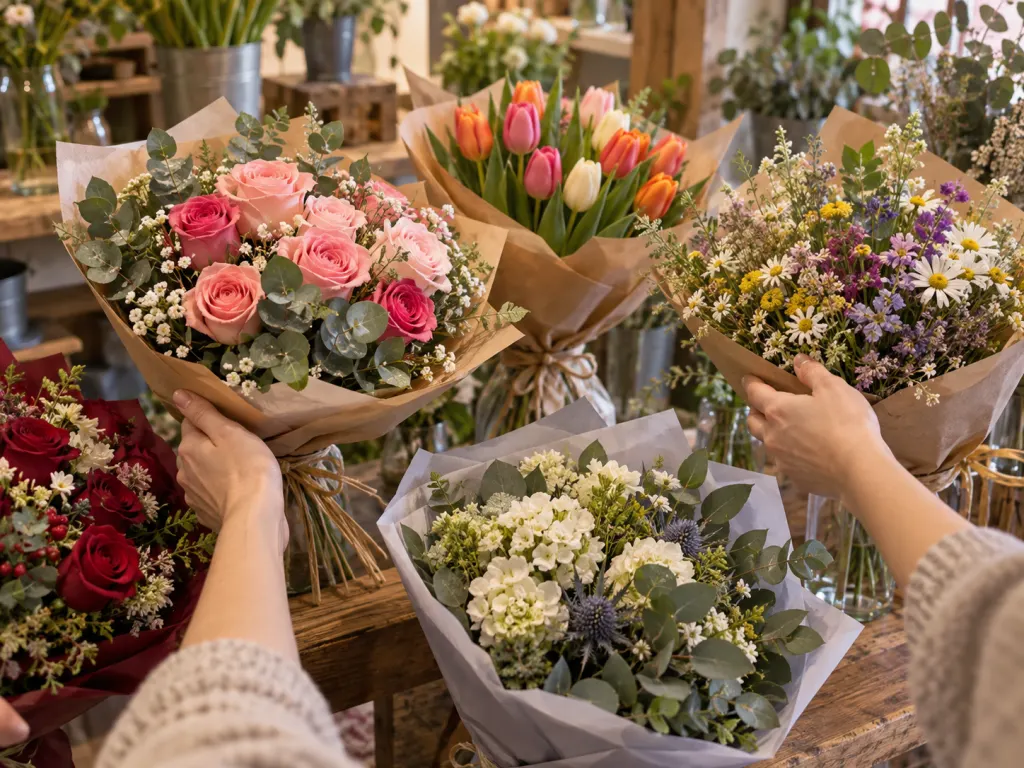 Hands hovering over several different bouquets on a florist table.