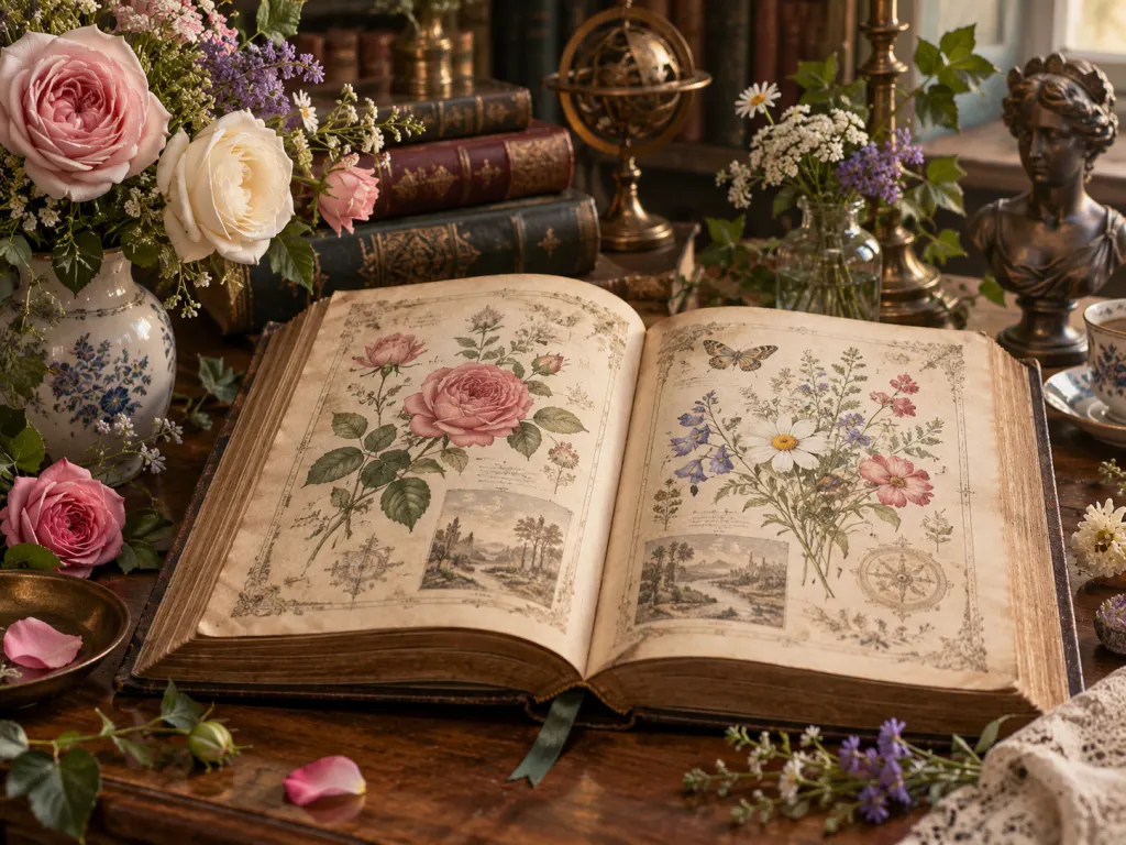 A floral reference book beside roses, wildflowers, and greenery.