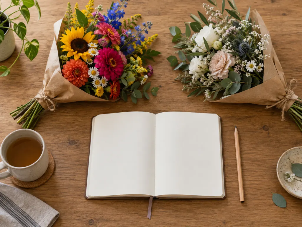 A journal and pencil beside two contrasting bouquets on a wooden desk.