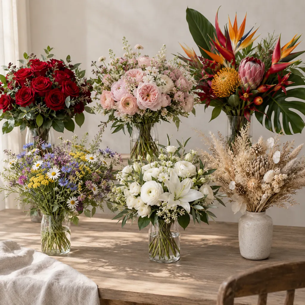 Six different bouquet styles arranged on a table for a personality reflection exercise.