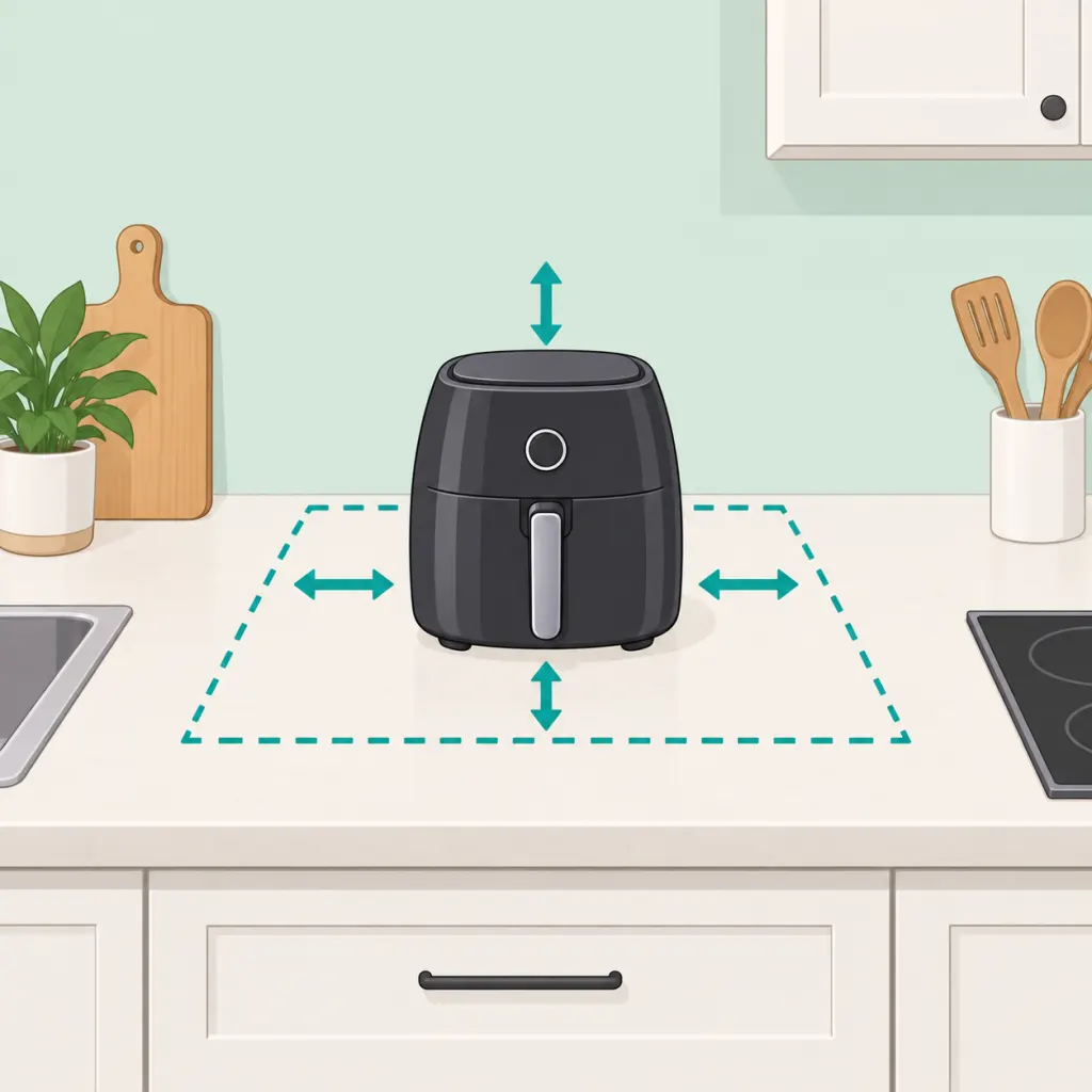 Air fryer placed on an open counter away from cabinets, walls, water, heat, and cords.