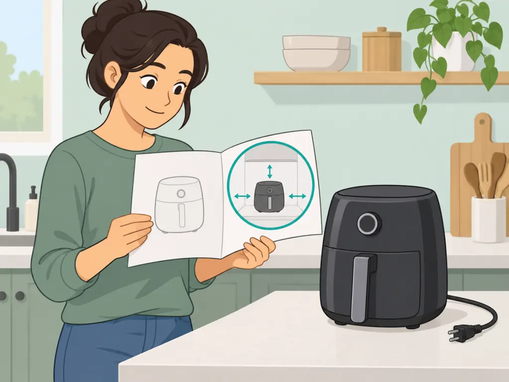 Person checking the air fryer manual before choosing a counter location.