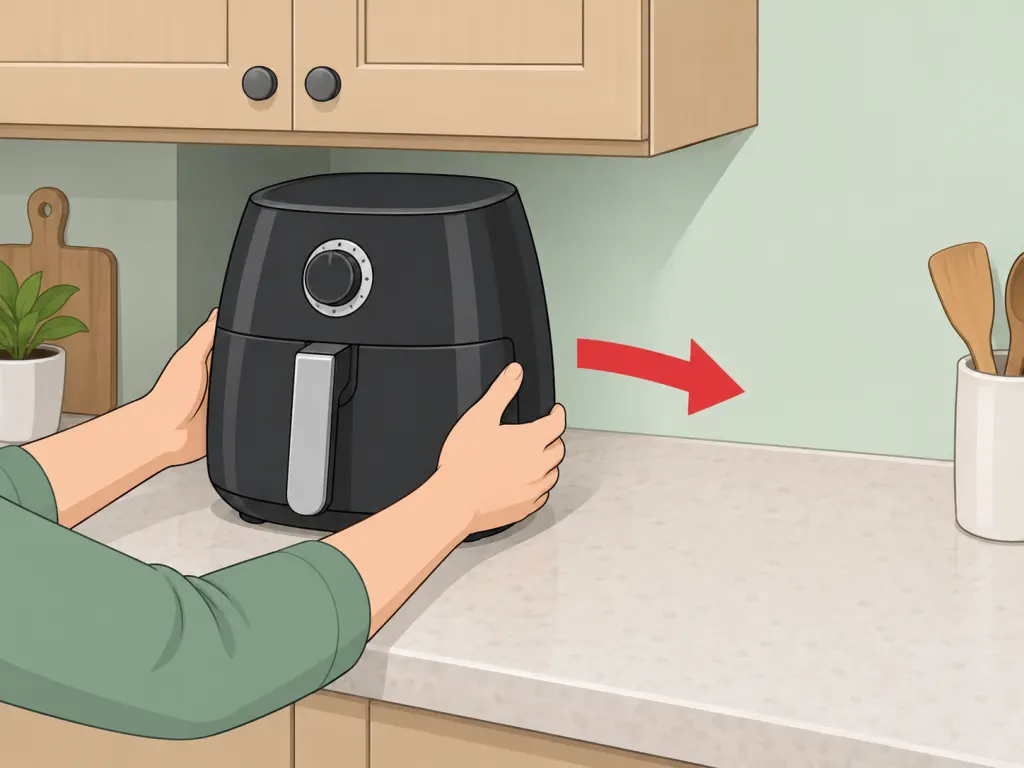Air fryer being moved away from overhead cupboards before use.