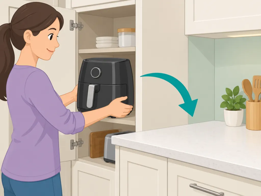 Air fryer moved out of an enclosed appliance garage before cooking.