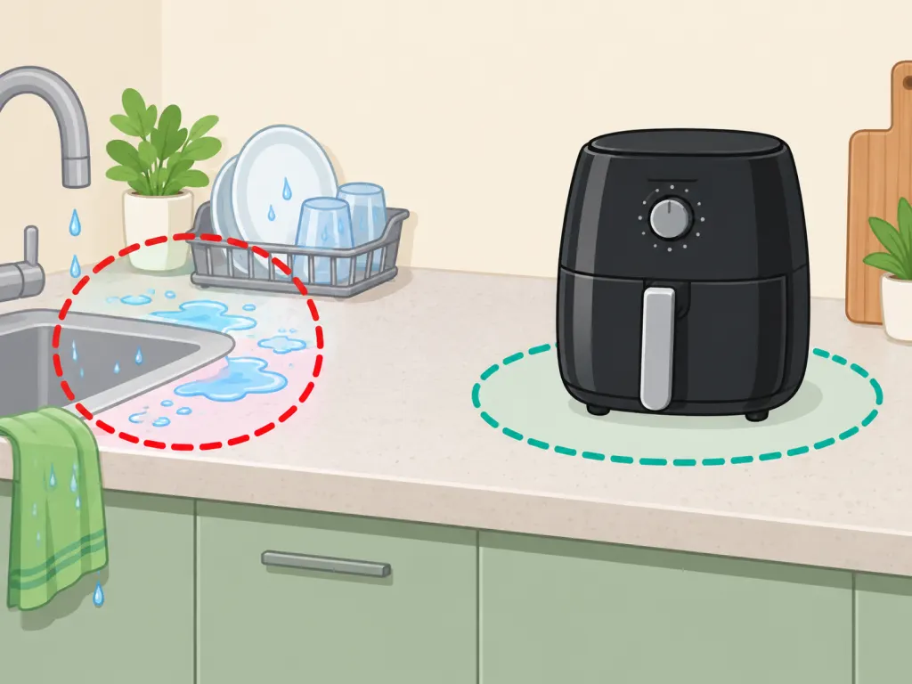 Air fryer positioned away from a sink and wet counter area.