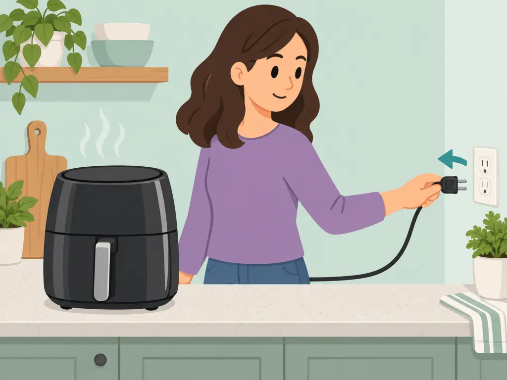 Person staying near the air fryer and unplugging it after cooking.